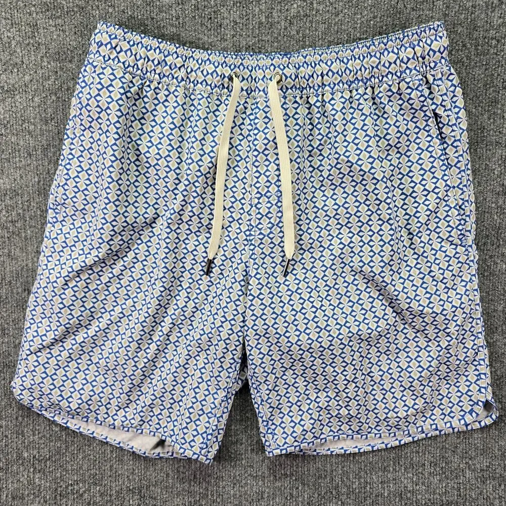 Fair Harbor Swim Trunks Mens Medium 30x8 Blue Geometric Lined Beach Pool Shorts